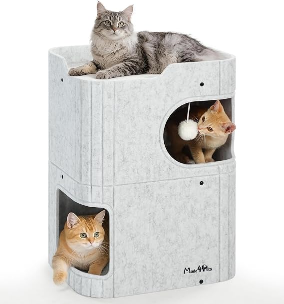 Made4Pets Cat House for Indoor Cats, 2-Story Cube Bed Cave, Marble White
