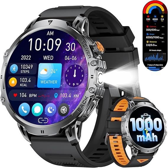 LIGE Military Smart Watches for Men with 1000 mAh Battery, 1.85" HD Touch Screen Smart Watch with Flashlight/50M Waterproof/,110+ Sports Fitness Tracker Watch,Pedometer Mens for Android iPhone