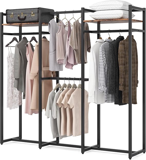 Tribesigns Garment Rack with Shelves and Hanging Rod (Dark Black) | Heavy Duty Clothes Rack, Free Standing Closet Organizer, Large Metal Clothing Rack for Hallway, Bedroom, Max Load 500Lbs