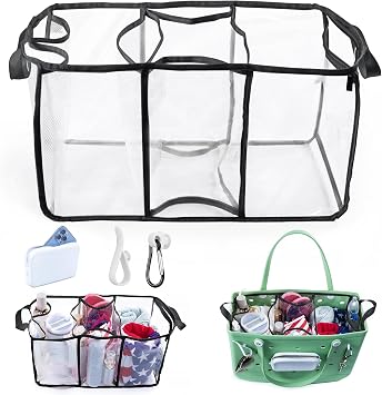 AMOIGEE Clear Beach Bag Organizer Insert with 3pcs Accessories for XL Bogg Bag Inserts - Tote Bag Divider with Sunglasses Holder, Phone Holder and Clips Hooks - Beach Tote Insert Organizer Liner