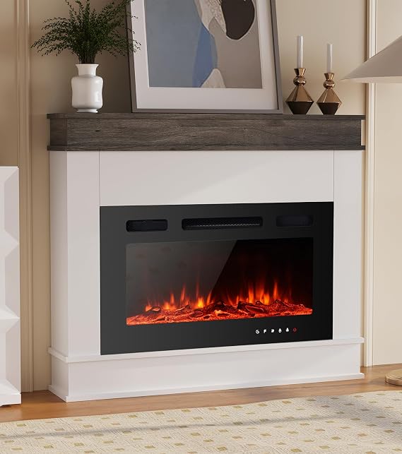 69" Electric Fireplace Mantel Inserts Freestanding Heater for The Living Room Floating Fireplace with 12 LED Colors with Logset and Stones,1500W/750W (60inch with Mantel,White)