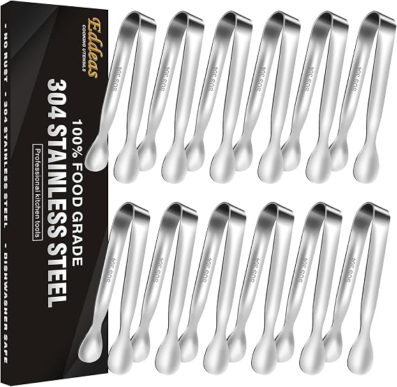 Eddeas Mini Tongs For Serving Food,Set fo 12 Small Tongs For Appetizers,Small Stainless Steel Metal Cooking Tong,for Tea Party Coffee Bar, 4 inch Sugar Tong - Silver