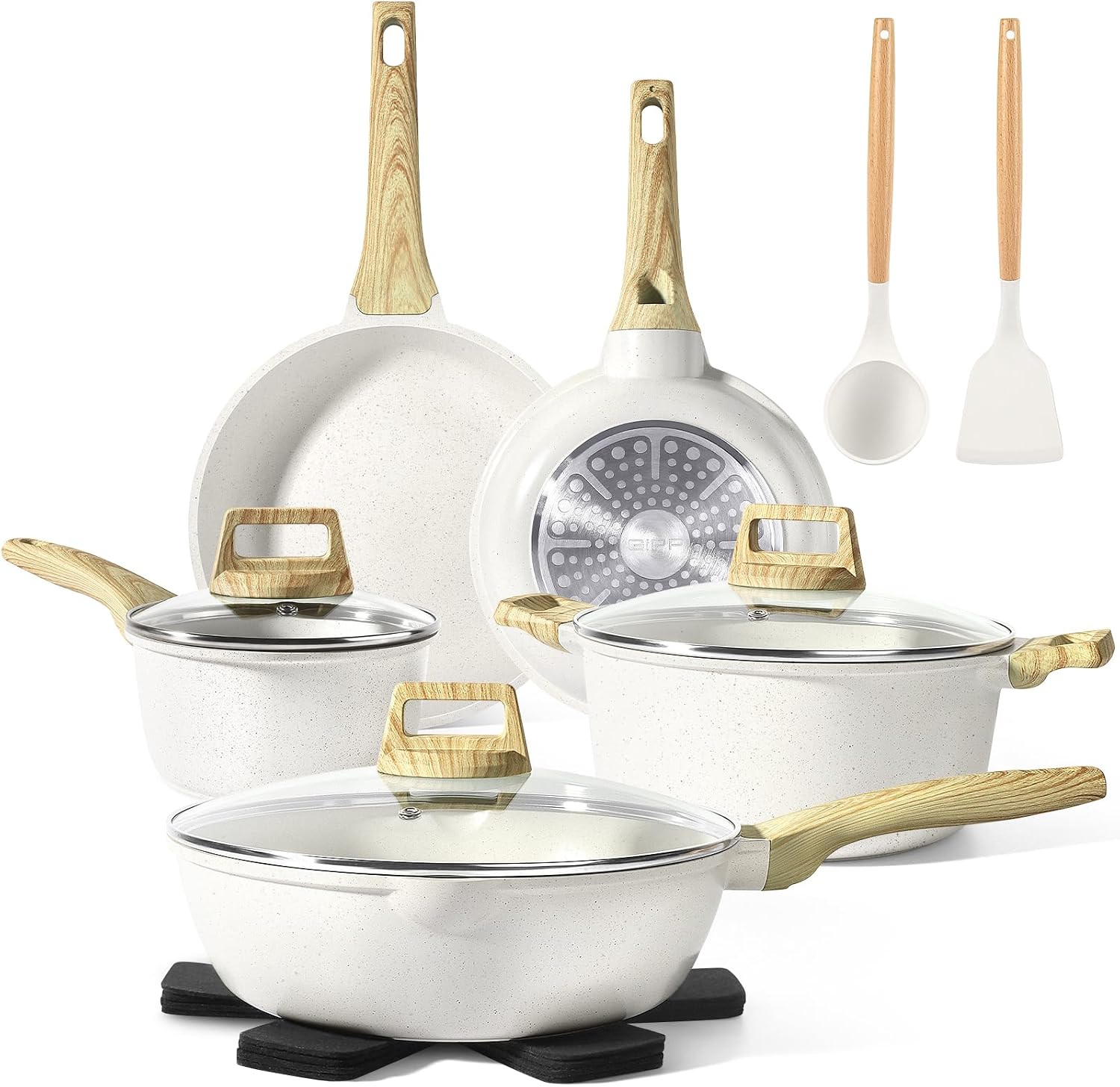 GiPP Pots and Pans Set Non Stick - 14 Piece White Ceramic Kitchen Cookware Sets Nonstick Induction Cookware Non-Toxic Cooking Pan Set with Silicone Spatula&Spoon, PFOS and PFOA Free (White, 14PCS)