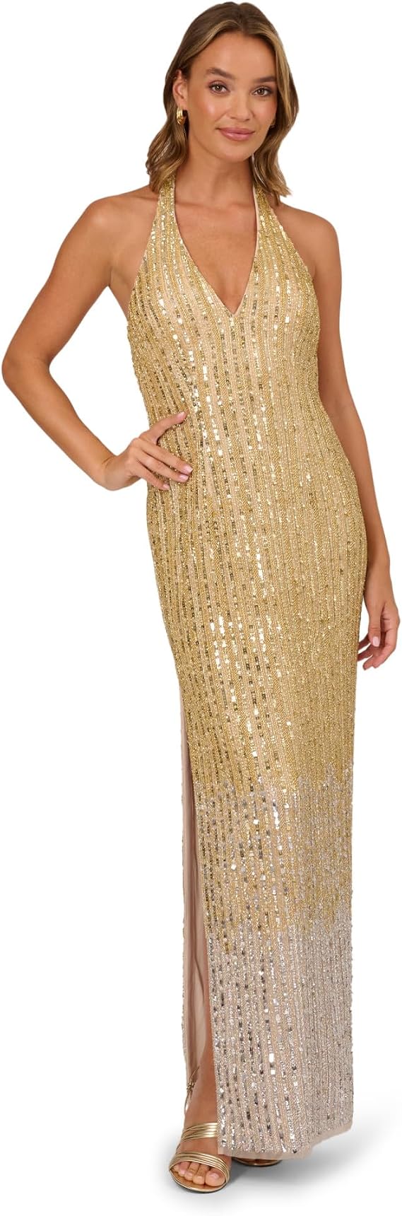 Adrianna Papell Beaded Halter Long Dress, Silver/Gold,