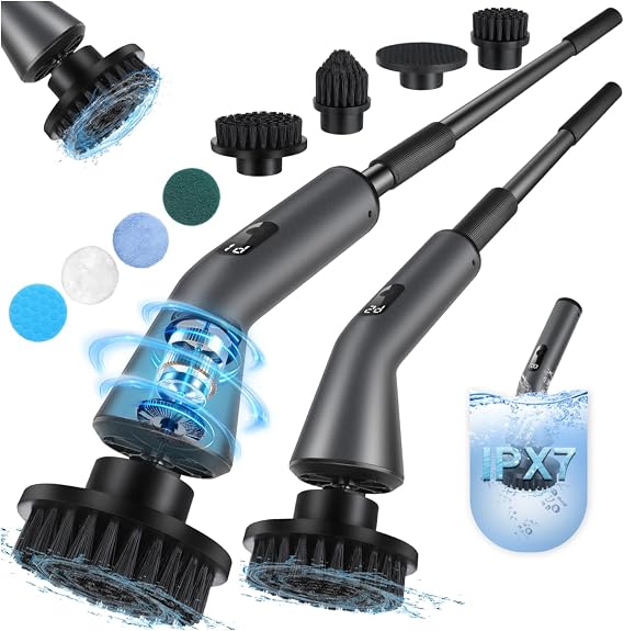 Electric Spin Scrubber, [IPX7 Waterproof] Bathroom Scrubber Electric | 7 Brush Heads, 2 Speed, 400 RPM Power Scrubber with Detachable Long Handle for Bathroom, Home