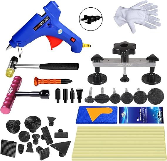 Super PDR 31pcs Auto Dent Puller Paintless Dent Repair Tools kit Dent Bridge Dent Puller Kit with Hot Melt Glue Gun Glue Sticks for Car Body Dent Repair