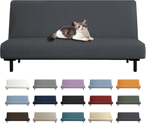 YEMYHOM Futon Cover Latest Jacquard Design High Stretch Armless Sofa Bed Slipcover Anti-Slip Furniture Protector with Elastic Bottom (Futon, Dark Gray)