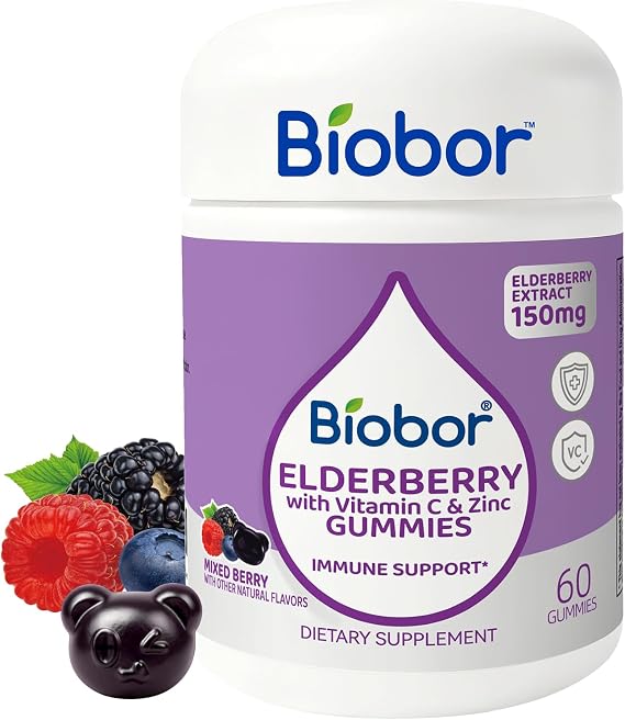Biobor Elderberry Gummies with Vitamin C & Zinc, Immune Support, 60 Count
