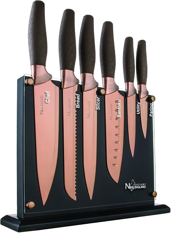 NE8807 7 Piece Titanium-Coated Knife Set with Invisible Wood Block, Bronze
