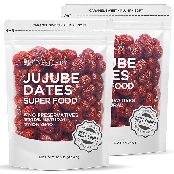 NESTLADY Premium Jujube Date, Red Date (Hong Zao), 100% Natural, Improve sleep, Health Snack,Dried Fruit, Sweet and Chewy Net weight: 454g/1LB (2 Packs, 2LB in Total), Packed in USA