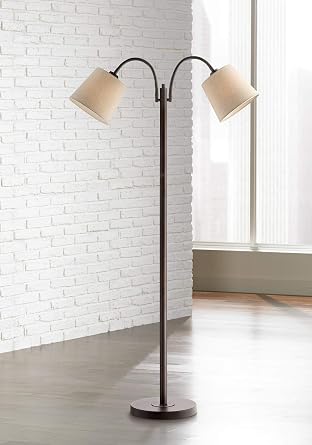 360 Lighting Seneca Modern Standing Floor Lamp 56" Tall Dark Bronze Brown Twin Arm Adjustable Gooseneck Neutral Cotton Drum Shade for Living Room Reading House Bedroom Home
