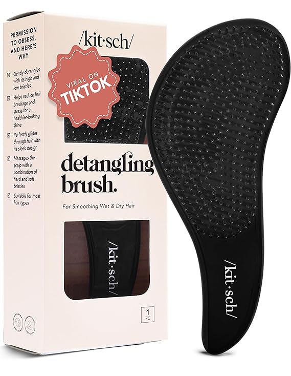 Kitsch Detangle Brush Gentle Curly Hair Brush All Hair Types - Black | Flexible Bristles for All Hair Types - Dry or Wet Detangling Hair Brush for Women & Men, Detangle Brush for Adults & Kids