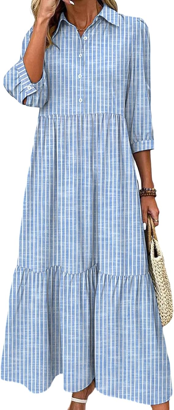 XNC Womens Striped Tiered Maxi Dress 3/4 Sleeve Summer Casual Shirt Dresses