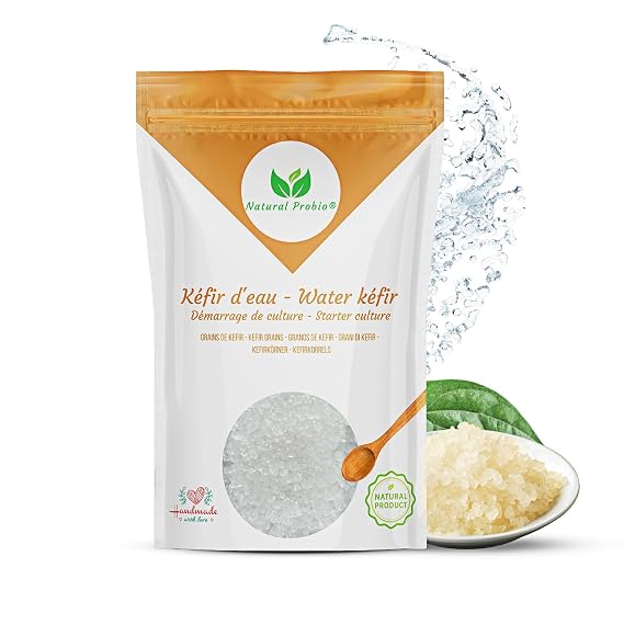 Natural Probio Water Kefir Grains - Starter Culture Kit Fruit Kefir + Complete Guide, Recipe & Tips + Ebook Library Access + Customer Support (0.35 oz dehydrated / 2.12 oz rehydrated)