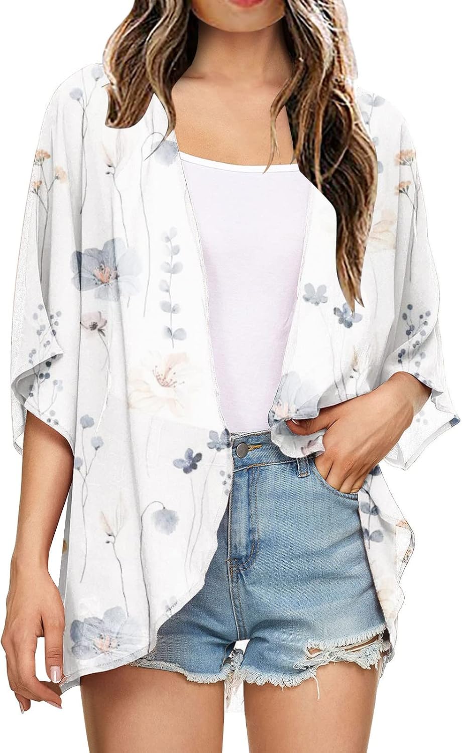 Women's Floral Print Mesh Puff Sleeve Kimono Cardigan Loose Cover Up Chiffon Kimono Swimsuit Coverups Casual Blouse Tops