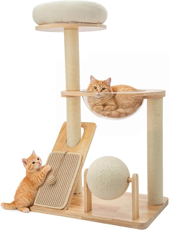 3-Tier Wooden Cat Tree with Slope Scratcher, Sisal Ball & Rolling Toy, Top Bed + Clear Space Capsule Lounge, Stable Tower for Large Cat Scratching Climbing Frame Modern Cat Activity Center for Indoor