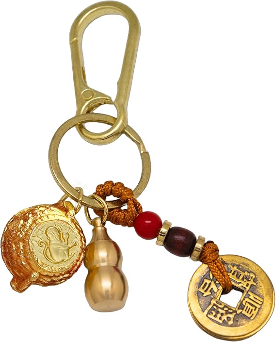Feng Shui Spin to Win Keychain:Portable abundance charm with a Mini Wealth Pot,12 Zodiacs,Five Coins,Obsidian,and Lucky Gourd