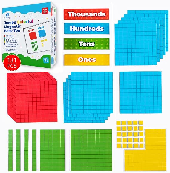 Simply magic 131+4 PCS Jumbo Colorful Magnetic Base Ten Blocks for Math