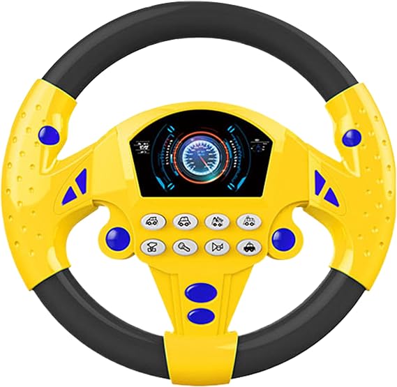 Steering Wheel Toy 8x8 Inch Realistic Kids Steering Wheel with Suction 360 Rotatable with Multiple Sound Effects for Home, Playground, Swing, Pirate Ship, Yellow Toy