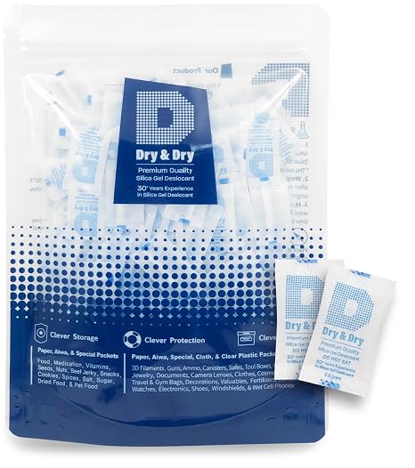 Dry & Dry 0.5 Gram [50 Packets] Silica Gel Packets Desiccants, Silica Packets - Rechargeable Moisture Absorbers for Food Storage, Electronics, 3D Filament & Safes