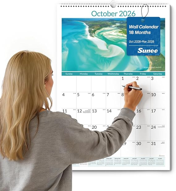 SUNEE 2026-2027 Wall Calendar Large 22.75"x15.5", 18 Month Calendar (Ends March 2028), Vertical Extra Large, Beaches