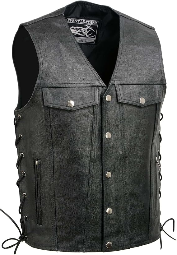 EVENT LEATHER EL1310GO Men's Classic Western Style Snap Button Black Motorcycle Riders Leather Vest