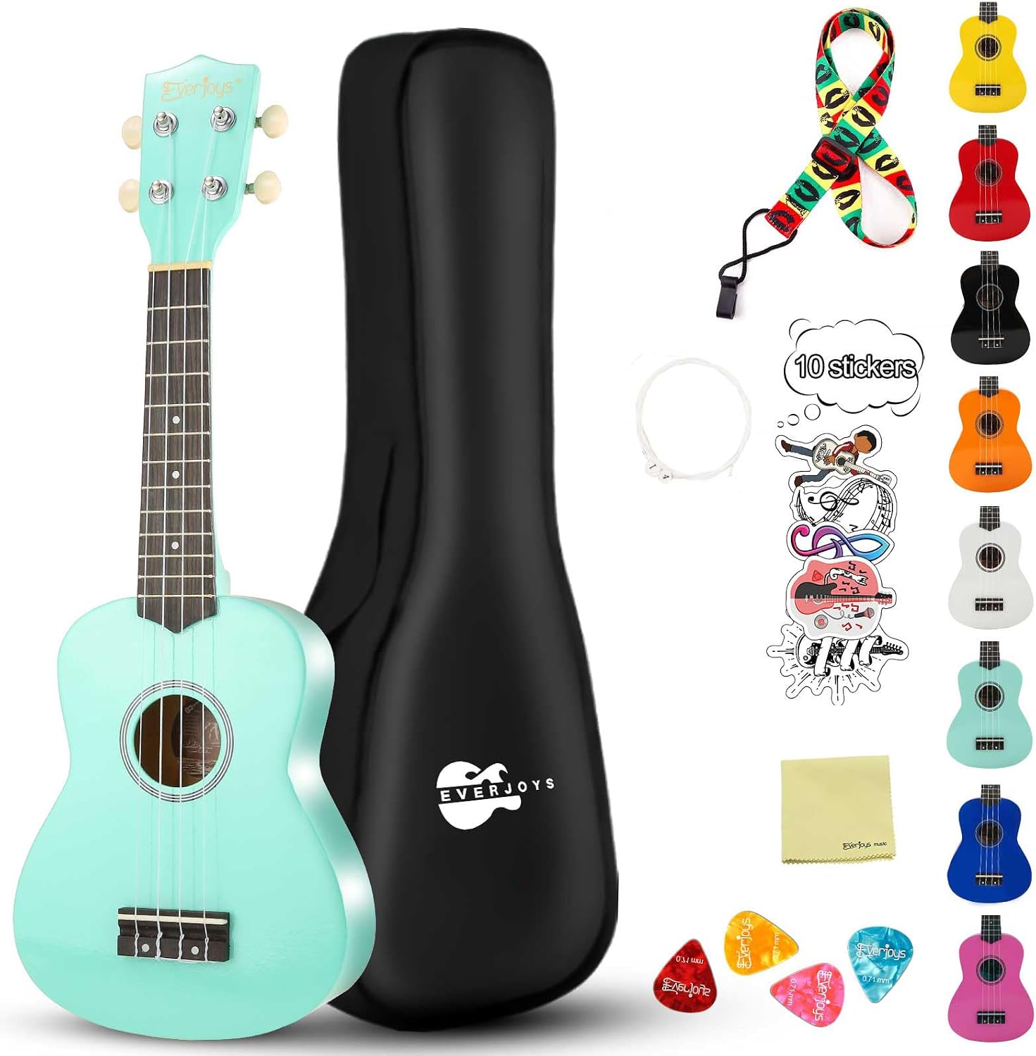 Soprano Ukulele Beginner Kit for Kids Adult Student wFree Online Lesson 21 Inch Ukelele Gig Bag Strap String Stickers Pick Polishing Cloth, Rainbow Series UkalaleeShinny Green