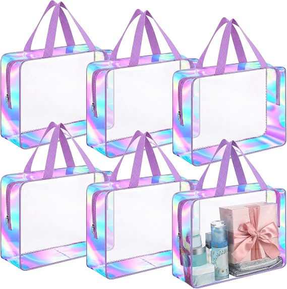 Sweetude 6 Pcs Clear Makeup Bag with Handle, Large Toiletry Bag, Purple