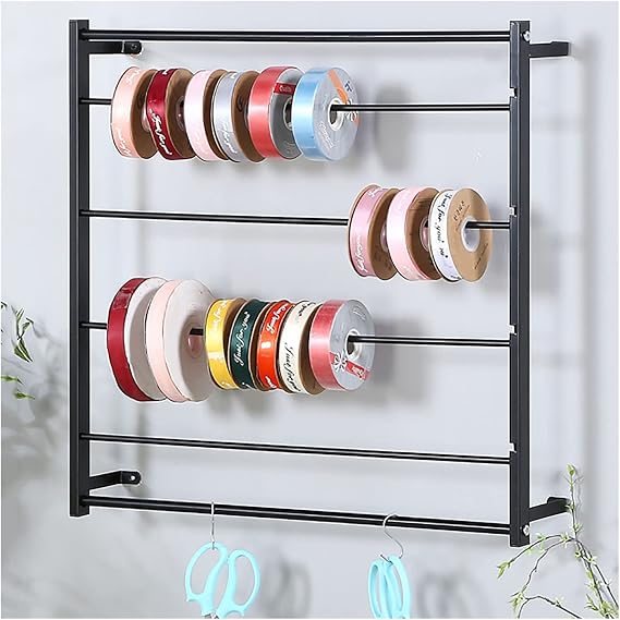 JYHHCYS Wall Mount Ribbon Holder Stand Black White, Square Metal 4 Layer Versatile Storage Organizer for Wrapping Paper Silk Scarf, Flower Shop Craft Room Gift Shops (Color : Black)
