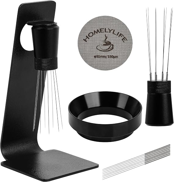 WDT Tools Espresso Puck Screen, 51mm Espresso Accessories Kit - 150m Puck Screen Set, 0.25mm 316 Stainless Steel 8 Needles Coffee Distribution Stirrer, Portafilter Dosing Ring for Barista Black