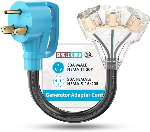 CircleCord 30 Amp to 110V RV Generator Distribution Adapter Cord | NEMA TT-30P Male to 3X 5-15R/5-20R T-Blade Household Outlet Female with LED Power Indicator 3750W, ETL Listed