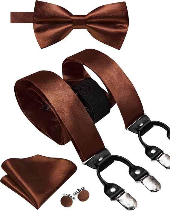 Hi-Tie Men Suspender Bowtie Set Suspenders Pre-tied Bow Tie Pocket Square Cufflinks Adjustable Y Shape 6 Clips Braces Tuxedo