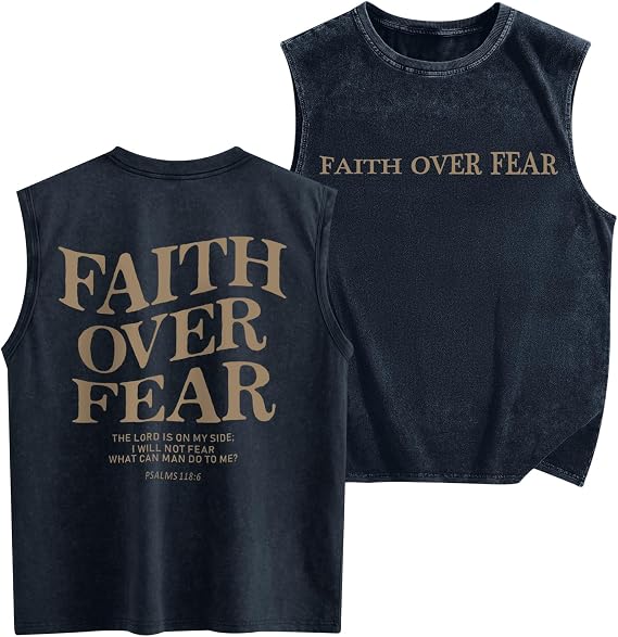 Mens Christian Sleeveless Shirts Faith Over Fear Graphic Tank Tops Gym Workout Acid Wash Tanks Cut Off Muscle Shirt