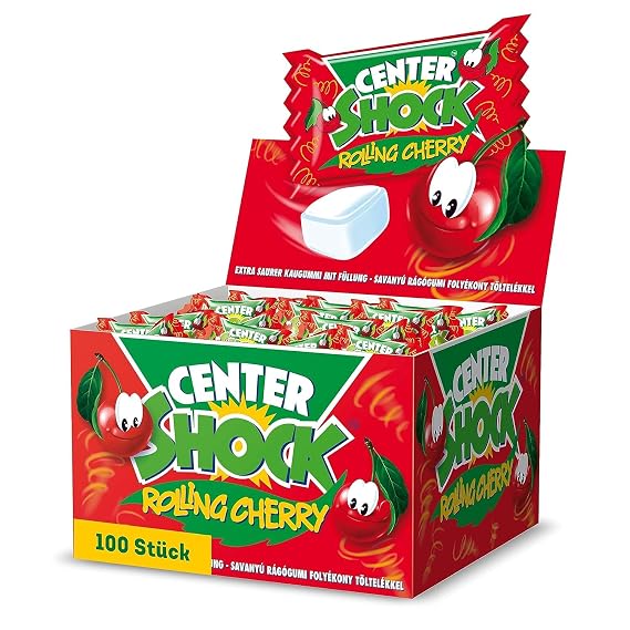 Center Shock Rolling Cherry, 1 Box mit 100 Kaugummis, Kirsche-Mix extra sauer