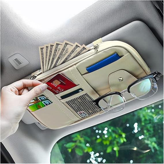 AUCELI Car Sun Visor Organizer, PU Leather Document Registration Case Bag with Multi-Pocket for License Pen Key, Sunglass Holder Net Zipper Storage Pouch, Universal Auto Truck Accessories