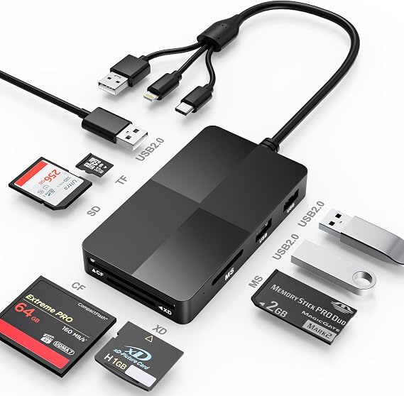 Camera Adapter to iPhone, 8 in 1 SD/MS/TF/CF/XD Card Reader with 3 USB 2.0 Ports, L-ightning+USB A+USB C, iPhone SD Card Adapter USB c Support OTG, Fast Phone Flash Drive for Photos and Videos