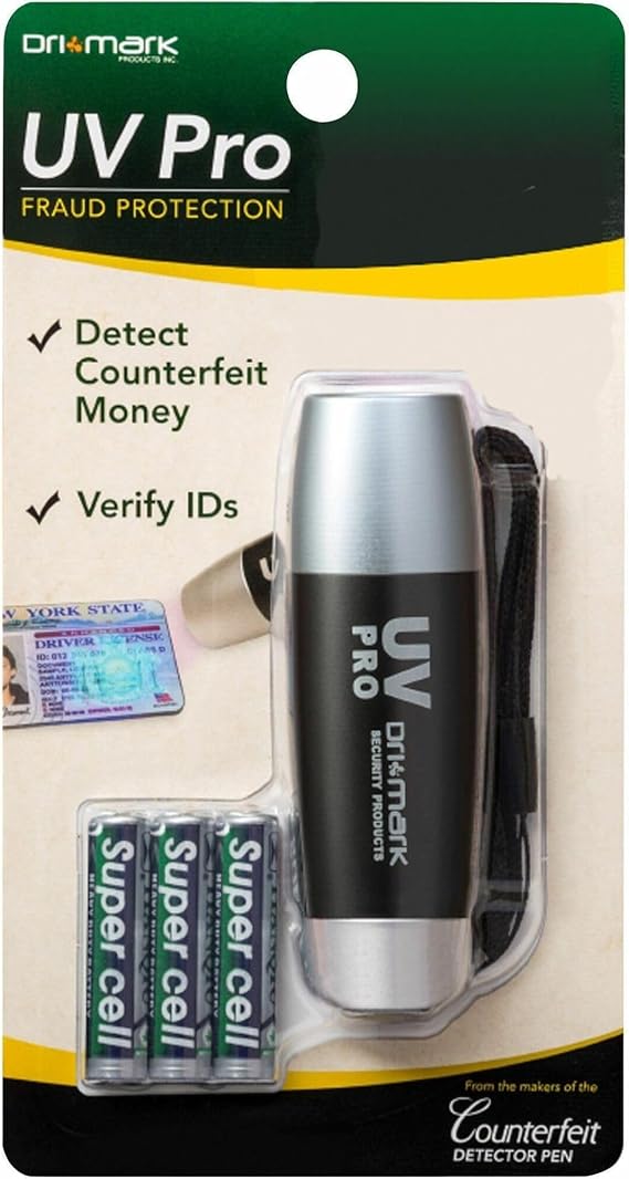 Dri Mark UV Pro Proprietary UV Flashlight Document Fraud & International Counterfeit Money Detection - Detects Pet Urine, Stains & Cleanliness - Loss & Fraud Protection - Batteries Included