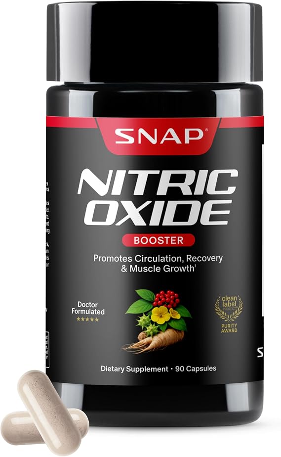 Snap Supplements Nitric Oxide Booster for Men & Women, 90 Vegan Capsules | Nitric Oxide Supplement, L-Citrulline + 3 Forms of L-Arginine for Stamina, Endurance & Circulation, Caffeine-Free Pre-Workout