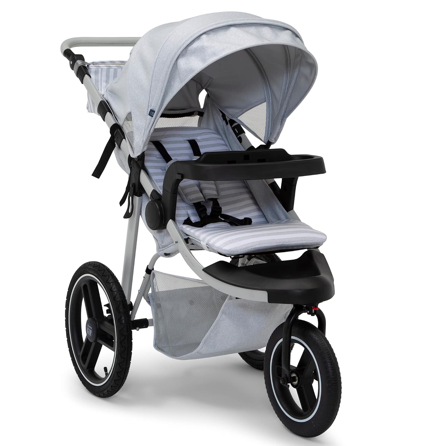 babyGap Trek Jogging Stroller - Lightweight Jogging Stoller with Extendable Canopy & Reclining Seat - Includes Car Seat Adapter - Made with Sustainable Materials, Grey Stripes