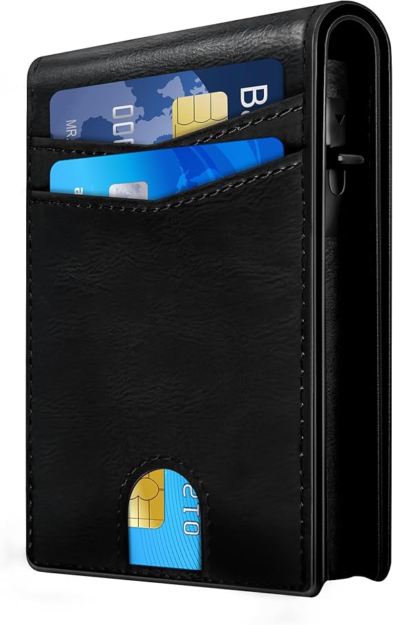 QLD Wallet for Men - RFID Blocking [Functional & Practical] Bifold Slim Minimalist Credit Card Holder Pop Up Metal Case with Cash Slot, Front Pocket with ID Window, Gift Boxed (BLACK)