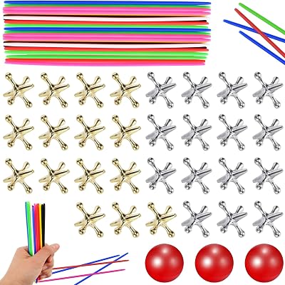 ZeeDix 3 Sets Jacks Game and Pick Up Sticks, 180 Pcs Sticks and 30 Pcs Metal Jax with 3 Pcs Red Rubber Balls, Classic Pick Up Sticks Game for Kids Adults Family