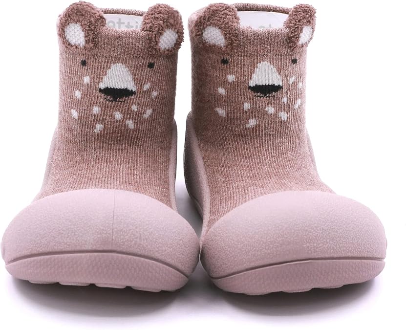 Attipas Zootopia Bear Baby Sock Shoes for Walking, Non-Slip Soft Rubber Sole, Easy Slip-On First Walker Shoes for Infants & Toddlers Beige, Size 3.5