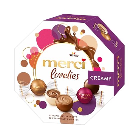 merci lovelies Creamy cremig gefüllte Pralinenkugeln - 1 x 185 g Pralinen-Schachtel mit 4 Sorten Praliné Nougat Cappuccino Crème & Edelbitter-Praliné Schokokugeln zum Teilen & Verschenken