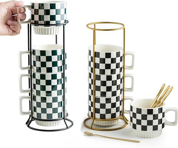 Miamolo 2 Pack Stackable Coffee Mugs with Stand, Checkered Coffee Mug Set of 4, 11oz Espresso Cups for Beverages, Stacked Mug Set with Spoons for Housewarming Birthday Gift, Dishwasher Safe