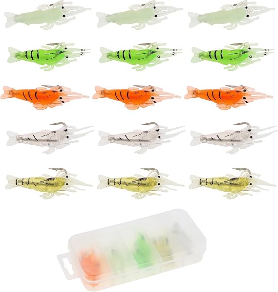 15pcs Soft Plastic Shrimp Lure, Artificial Fishing Bait Fishing Lure Shrimp Prawn Bait Hook, Fishing Lures Soft Prawn for Freshwater Saltwater