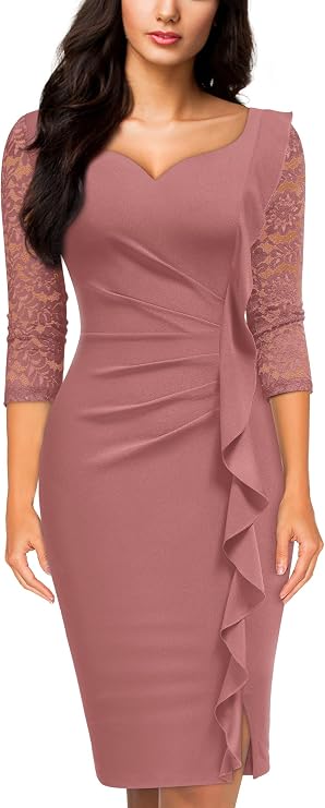 Miusol Women's Classy V-Neck Floral lace 3/4 Sleeve Cocktail Party Dress