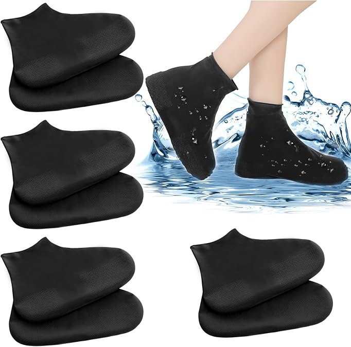 4Pairs Black Waterproof Shoe Covers, Non-Slip Reusable | Thickened rubber overshoes with slip-resistant sole, outdoor boot protectors for cycling hiking rain, easy to clean & durable