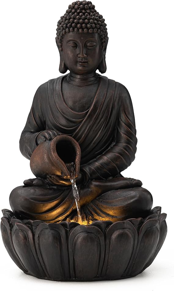 Glitzhome Buddha Fountain Outdoor 2 Tier Zen Style Buddha Water Fountains with Pump & LED Light, Buddha Fountains and Waterfalls Outdoor Floor Fountain Buddha Statues for Garden Patio Backyard 20.5"H