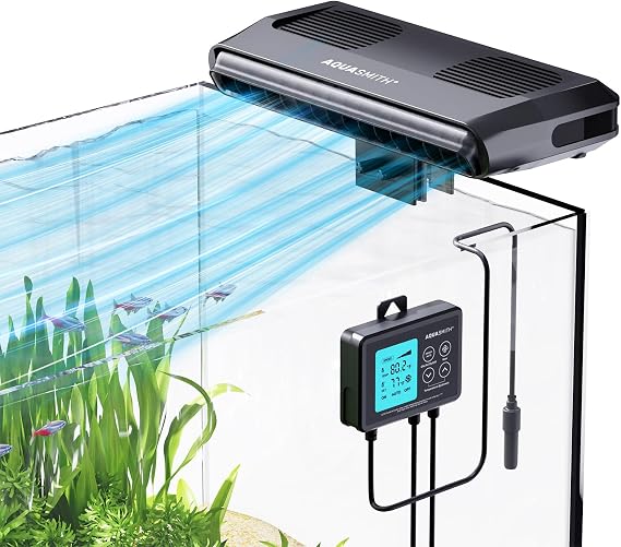 AQUASMITH Aquarium Chiller Fan,Fish Tank Cooler with Temperature Control,Minimum Setting 59F,Auto Start/Stop,Refrigeration Effect 3-7F,3-Speed Modes,for Axolotl Seawater Freshwater Coral Grass Tank