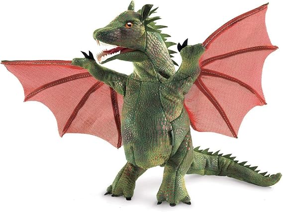 Folkmanis Winged Dragon Hand Puppet, green, red, 1 ea